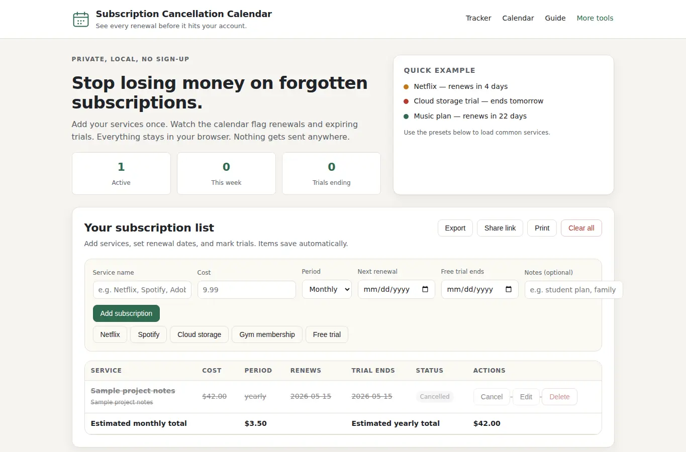 Screenshot of Subscription Cancellation Calendar – Track Renewals and Free Trials interface showing the project page in use